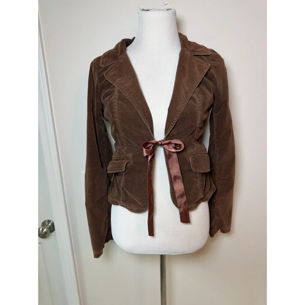 Vintage Y2K Free People Velvet Tie Front Blazer Jacket XS Brown Boho Romantic